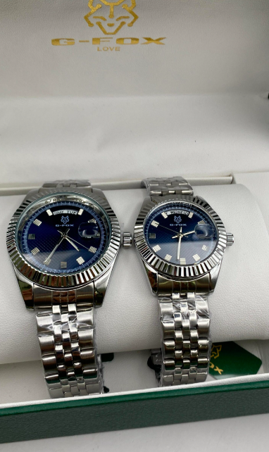 Relojes GFOX Pareja Acero Plateado Azul | Set Doble Elegante