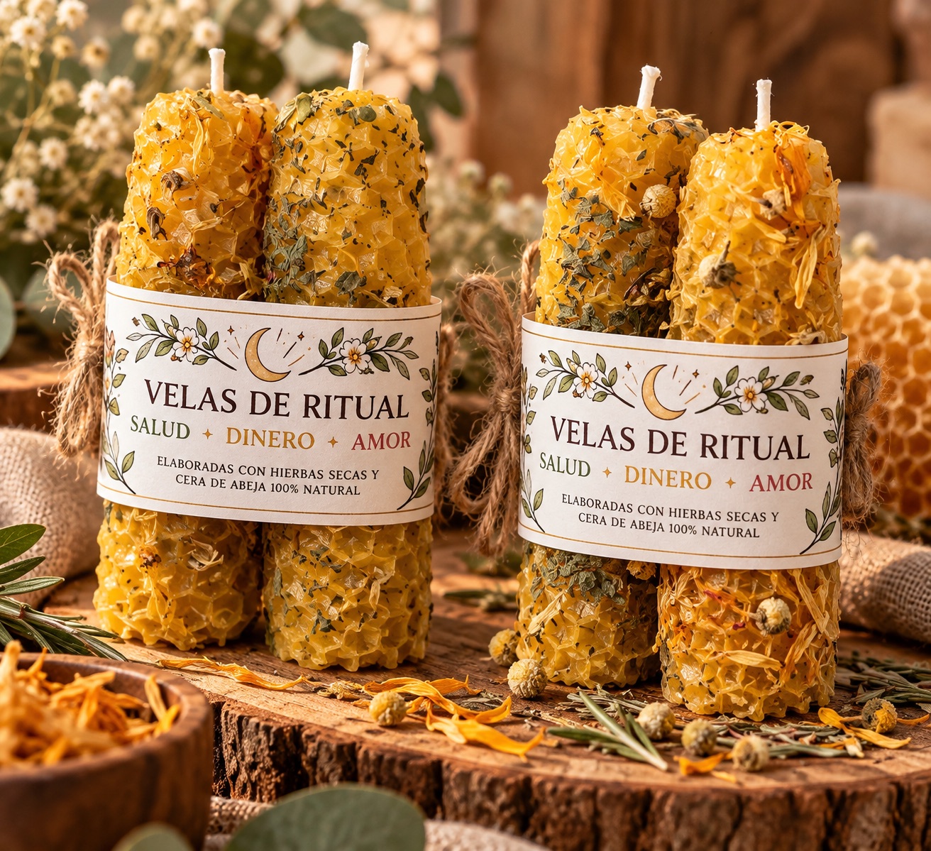 Trío de velas de cera de abeja