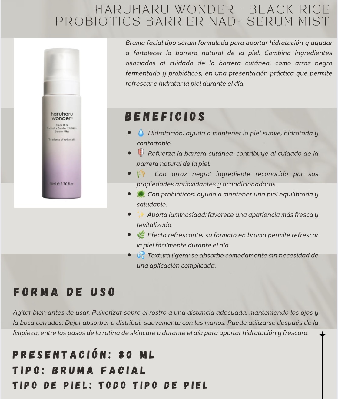 HARUHARU WONDER - Black Rice Probiotics Barrier NAD+ Serum Mist 80ml 2