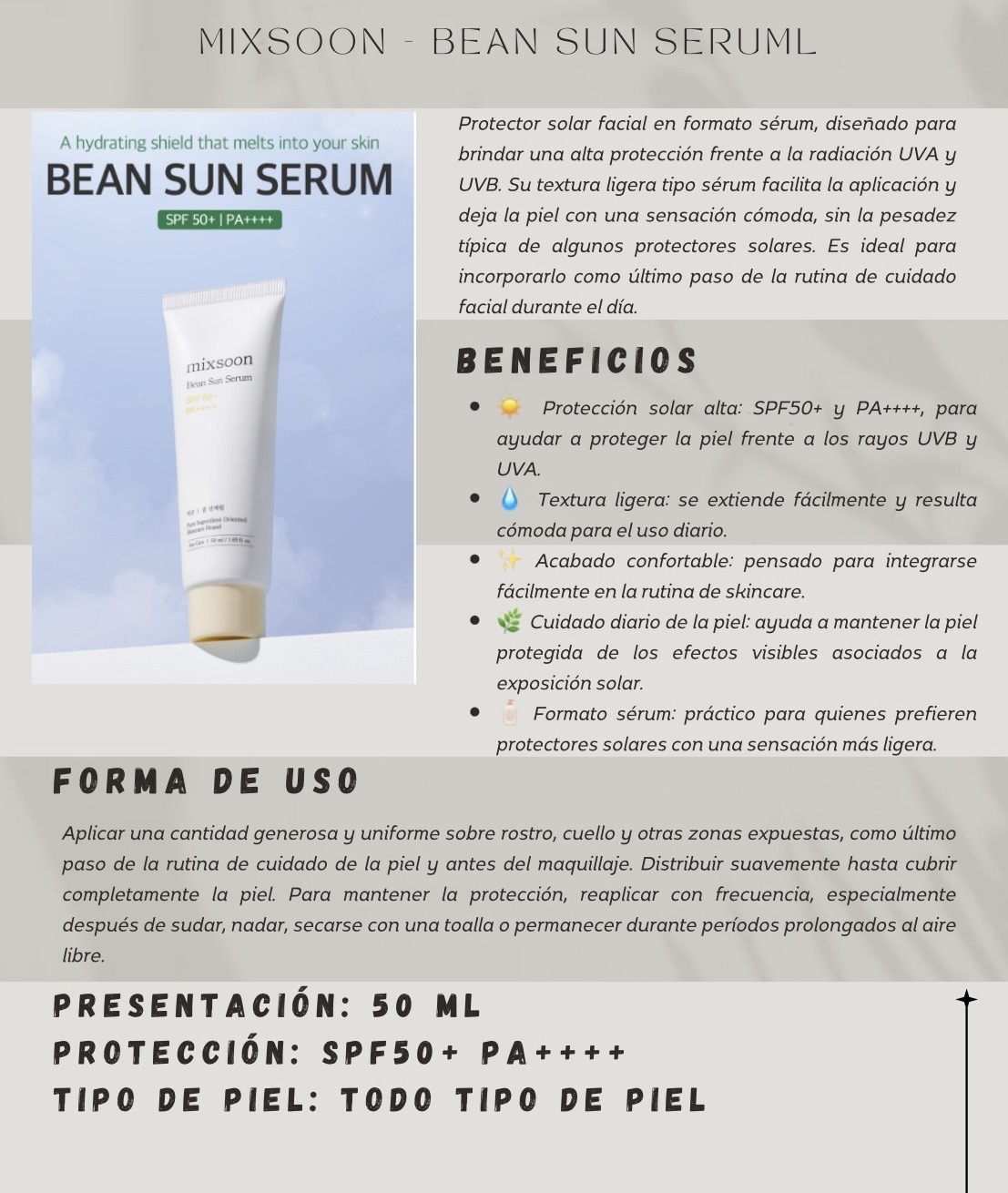 MIXSOON - Bean Sun Serum SPF50+ PA++++ - 50ml 2