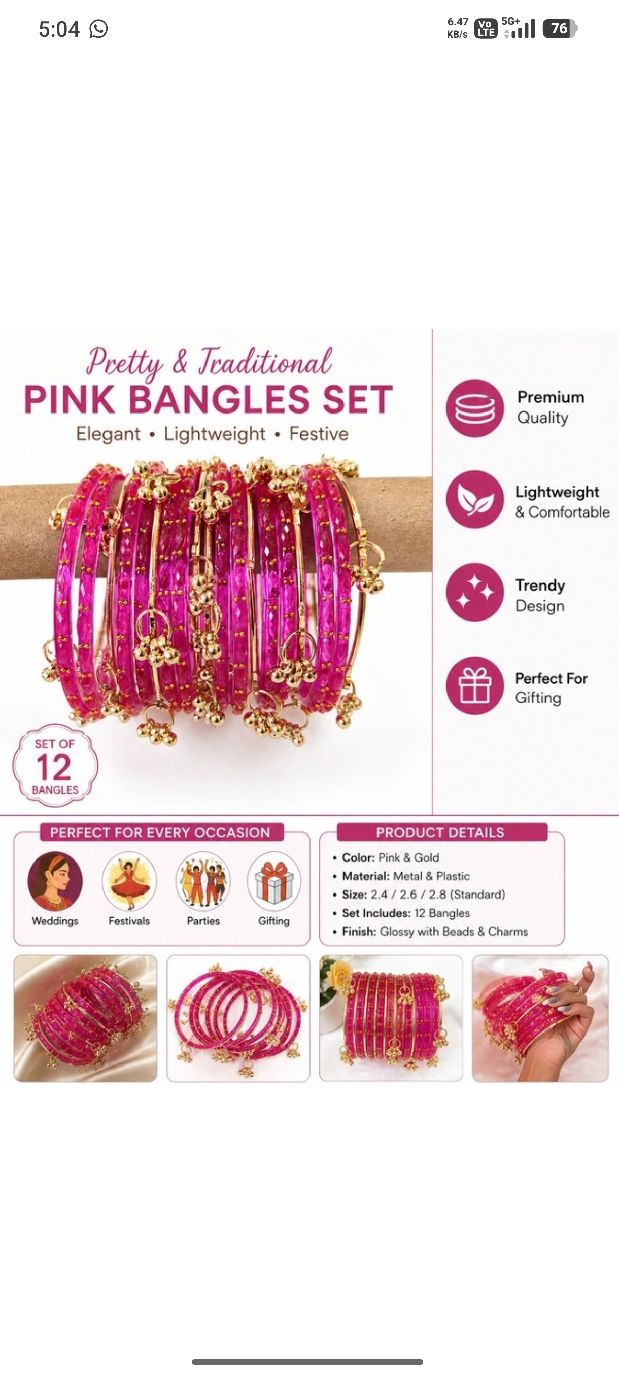 Trending Pink colour Glass Bangles Set for Girls and Womens 