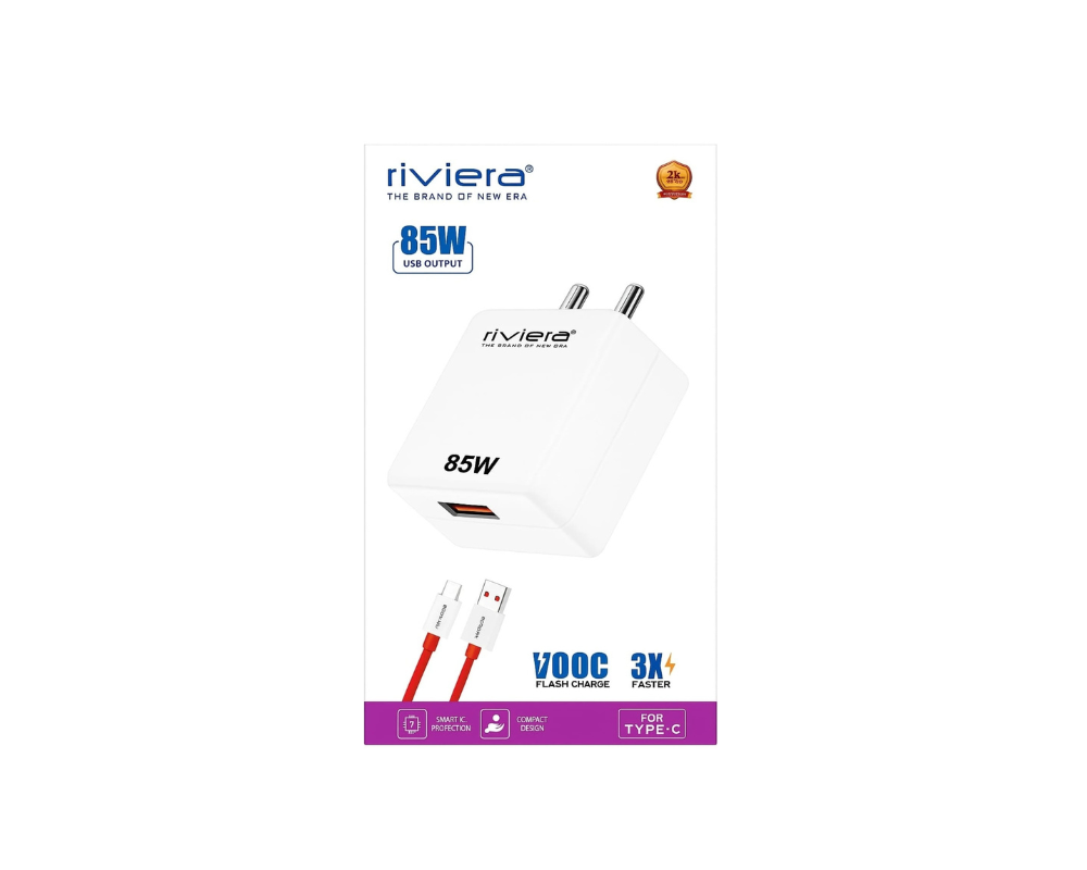 रिवेरा 85W फास्ट चार्जर टाइप-C केबल के साथ | VOOC फ्लैश चार्ज | USB वॉल चार्जर एडॉप्टर | सफ़ेद - Image 1