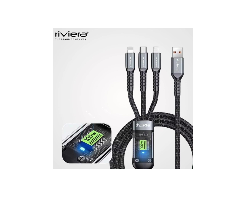 रिवेरा 4-इन-1 100W फास्ट चार्जिंग केबल | USB से टाइप-C, लाइटनिंग और माइक्रो USB मल्टी चार्जिंग केबल | ब्रेडेड डेटा केबल | काला - Image 1