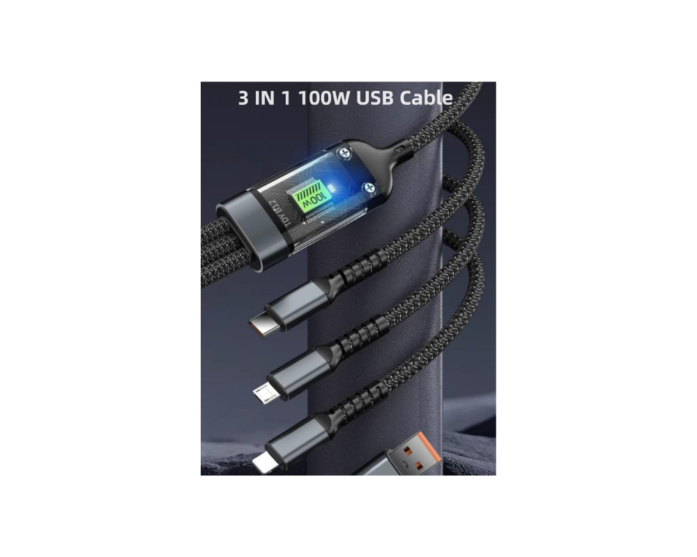 रिवेरा 4-इन-1 100W फास्ट चार्जिंग केबल | USB से टाइप-C, लाइटनिंग और माइक्रो USB मल्टी चार्जिंग केबल | ब्रेडेड डेटा केबल | काला 4
