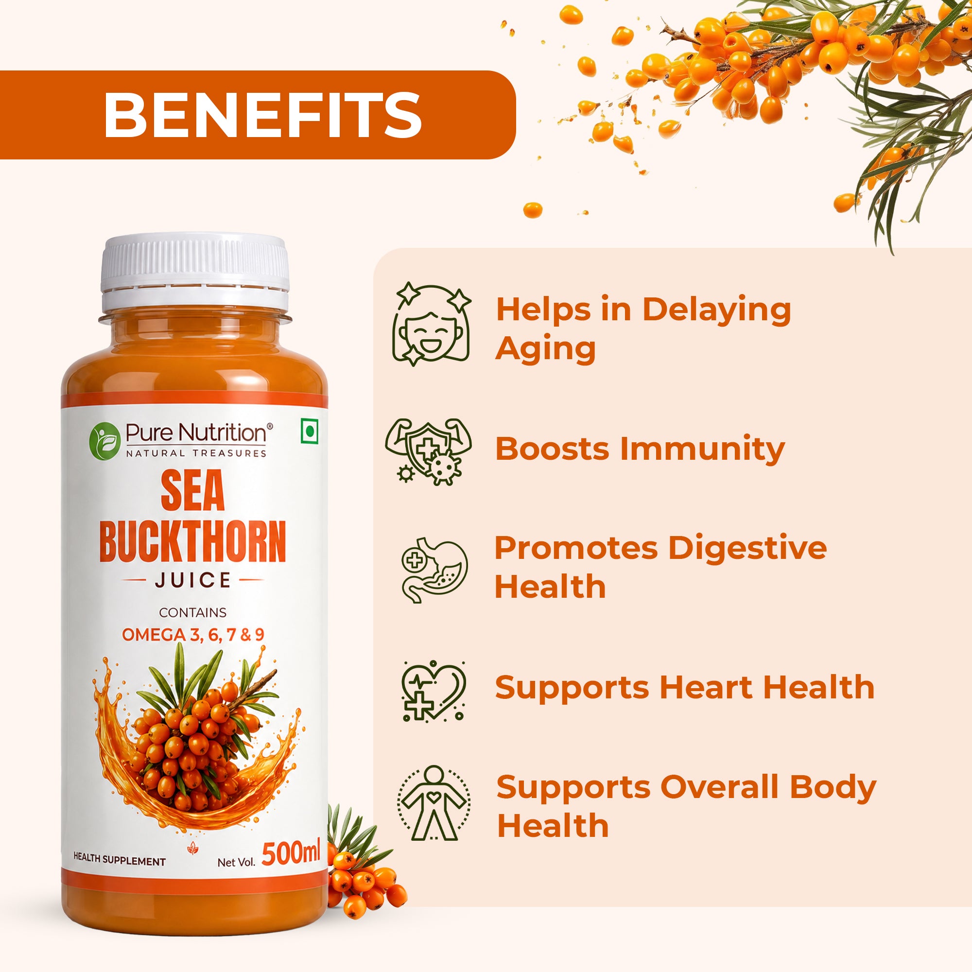 Sea Buckthorn Juice 500ml | Omega 3, 6, 7 & 9 | Daily Wellness Support | 500ML 2