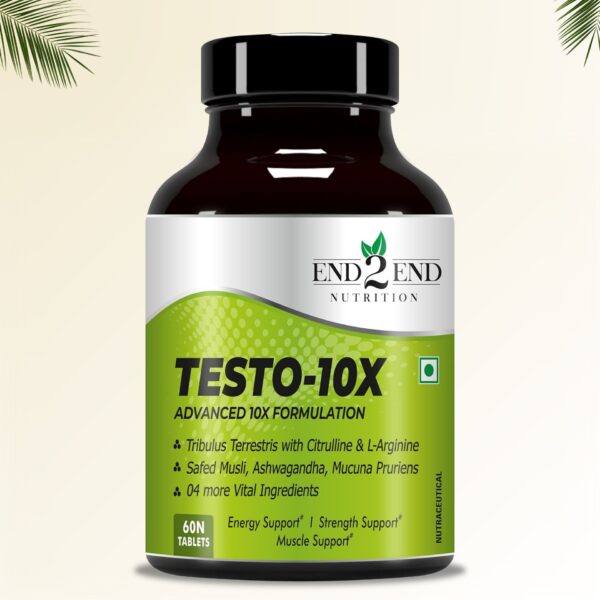 Testo-10X Natural Testosterone Booster for Men with Tribulus, L-Arginine, Ashwagandha and Safed Musli for Strength, Stamina, Energy and Muscle Gain – 60 Tablets