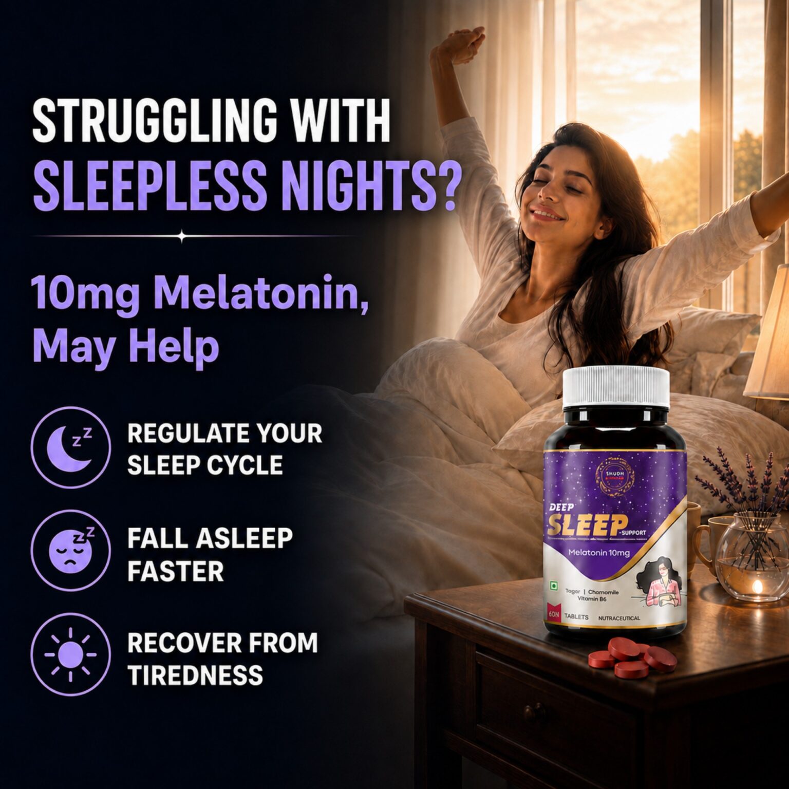 Shudh Kaama Deep Sleep Melatonin with Tagar, Chamomila and Vitamin B6 – 60 Tablets 3