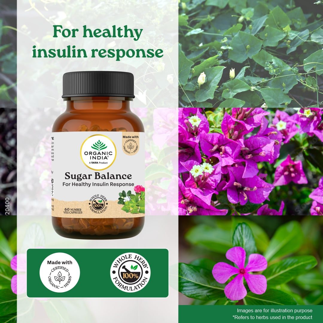 A TATA Product - Organic India Sugar Balance - 60 Veg Capsules, Naturally Supports Healthy Insulin Response & Glycemic Control, Normalize Energy Levels & Metabolism, GMP & NPOP Certified Organic