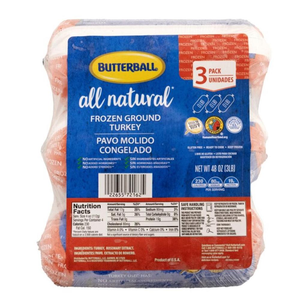 Butterball Carne Molida de Pavo Congelado Empacado al Vacío 3 Unidades / 453 g / 16 oz