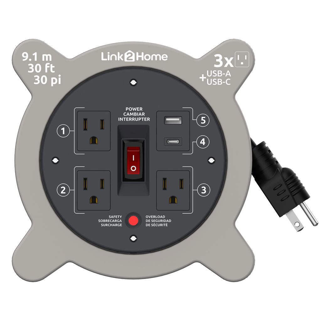 Link2Home Enrollador de Cable con 3 Tomas y 2 Puertos USB A+C 9.1 m / 30'