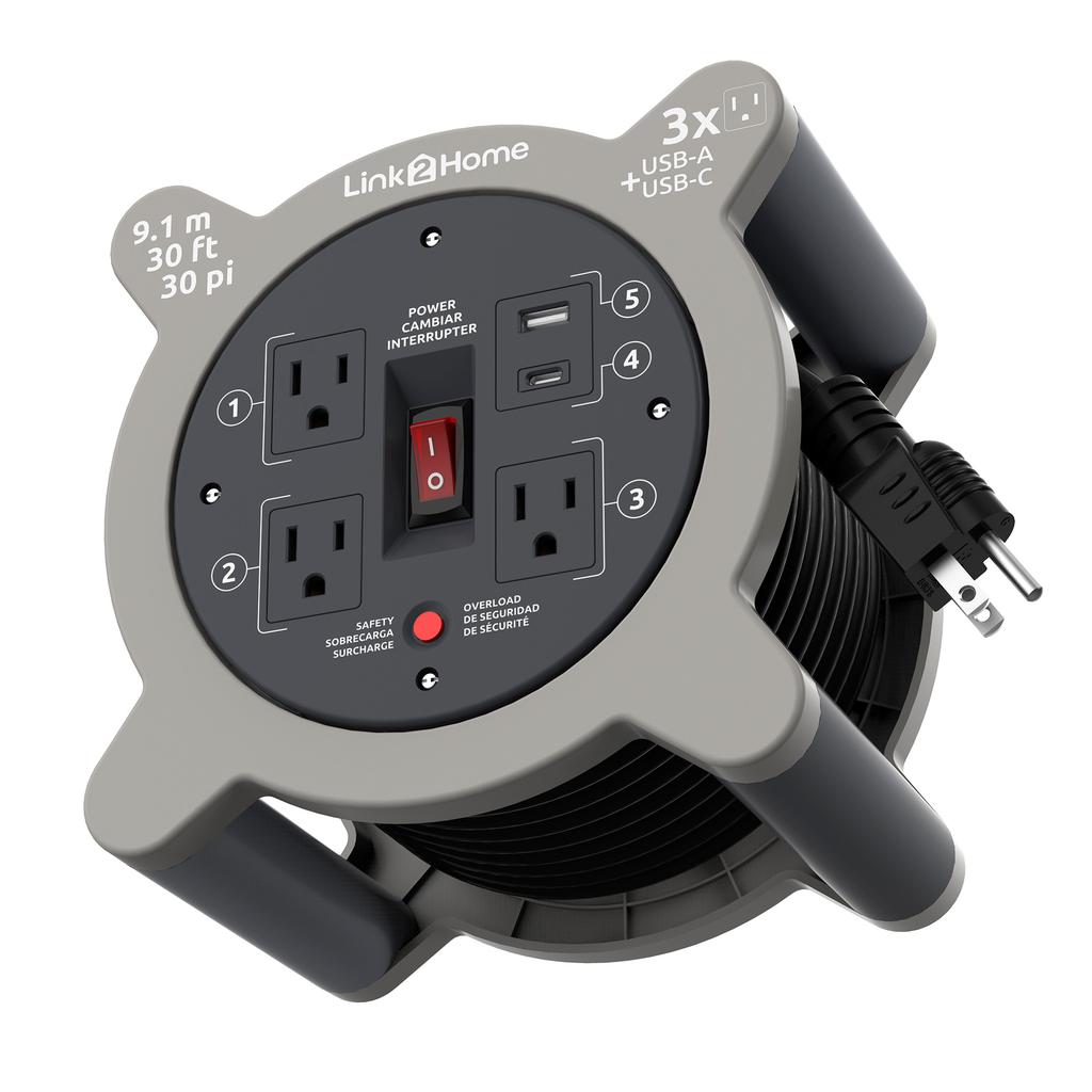 Link2Home Enrollador de Cable con 3 Tomas y 2 Puertos USB A+C 9.1 m / 30' 2