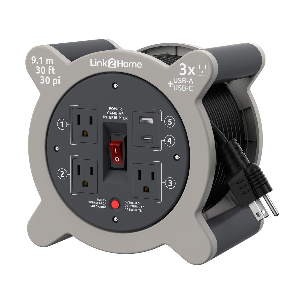 Link2Home Enrollador de Cable con 3 Tomas y 2 Puertos USB A+C 9.1 m / 30' 3
