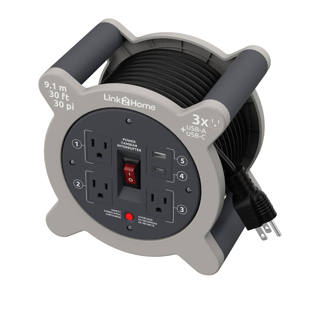 Link2Home Enrollador de Cable con 3 Tomas y 2 Puertos USB A+C 9.1 m / 30' 4