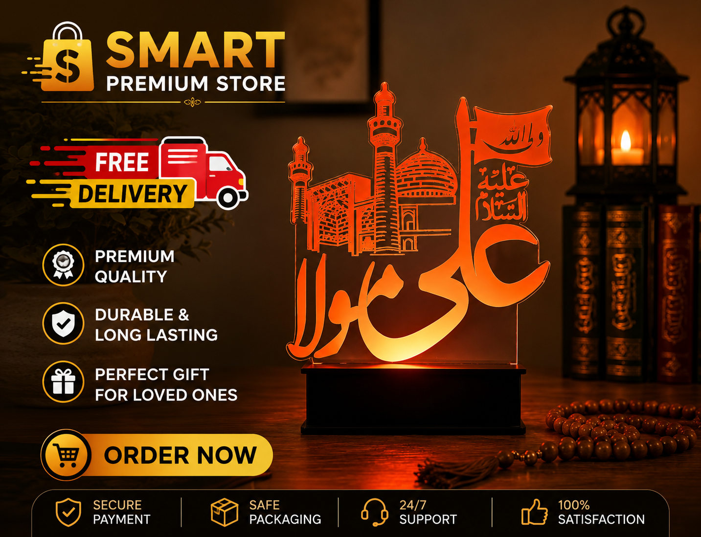 ✨ Ali Mola (AS) LED Acrylic Lamp – Islamic 3D Night Light | Elegant Mosque Design | USB Powered | Home & Gift Decor - Image 1