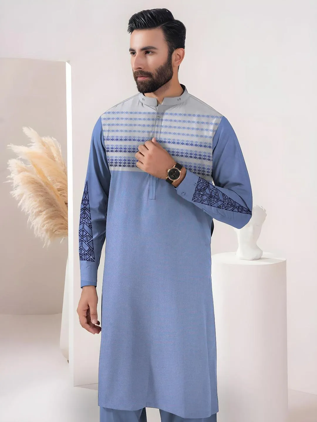 ✨ Unstitched Cotton Suit for Men – Blue Embroidered Premium Fabric | Soft & Comfortable | Perfect for Eid & Casual Wear 3