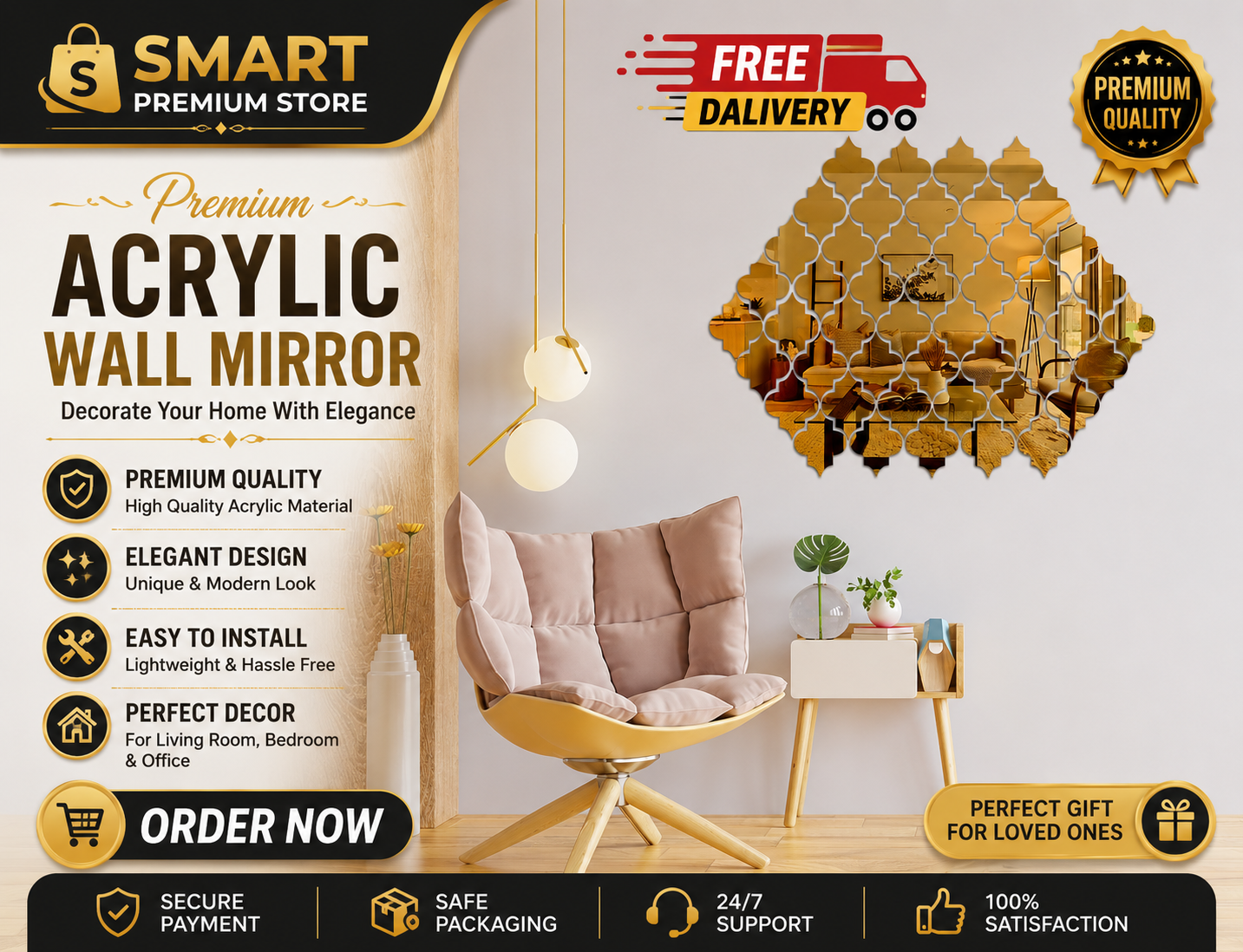 Golden Calligraphy Acrylic Mirrors Set of 4 – Premium Islamic Wall Decor | Modern Home Decoration | Easy to Install - Image 1