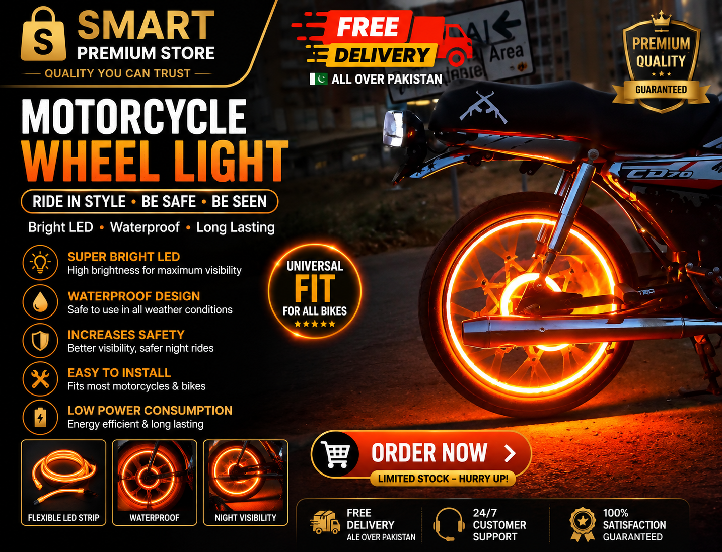 🏍️ Universal Bike LED Strip Light | Yellow & White Dual Color | Waterproof | Flexible | High Brightness - Image 1