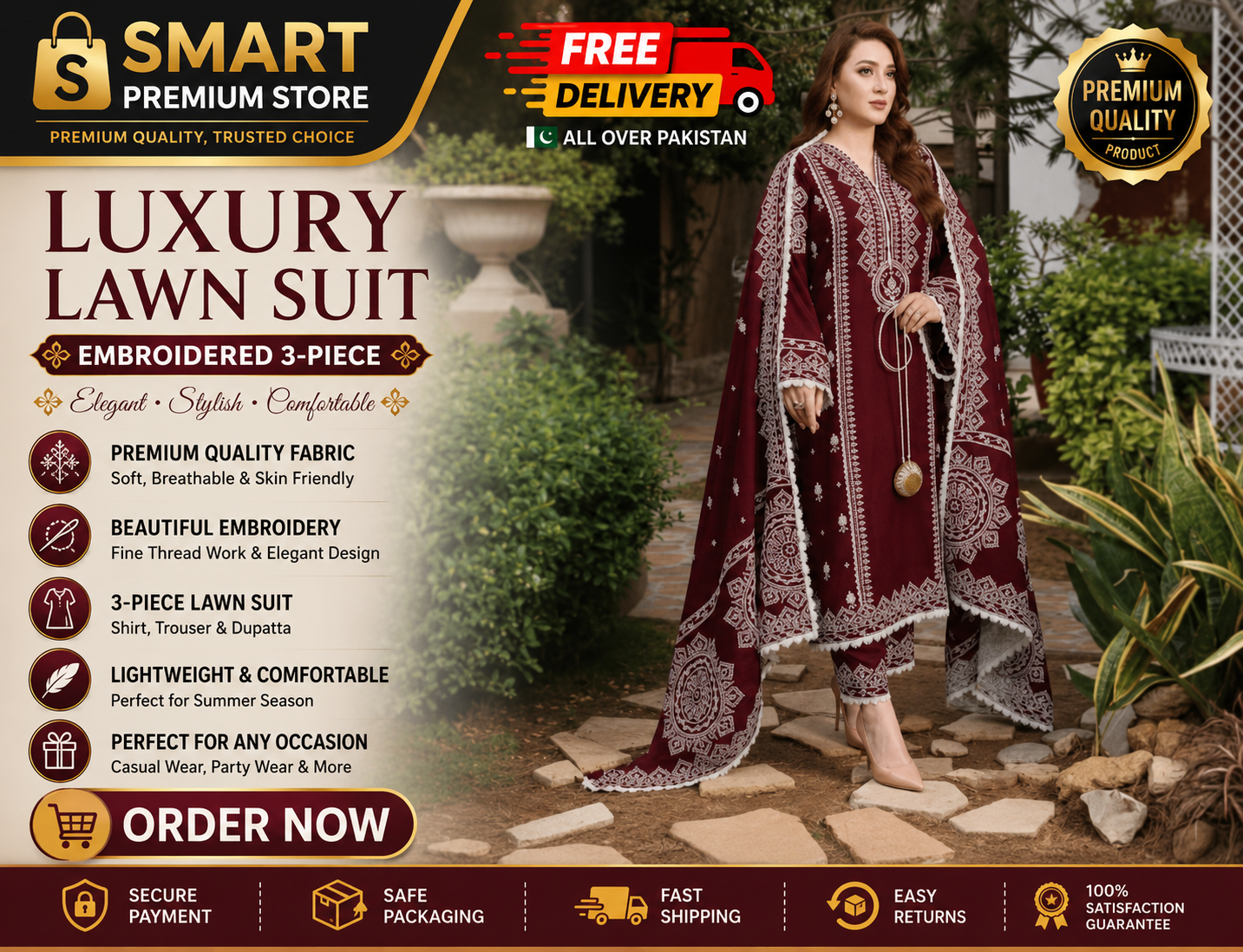 👗✨ Maroon Embroidered 3 Pcs Women's Lawn Suit Set | Elegant Design | Comfortable Fabric | 🚚 Free Delivery