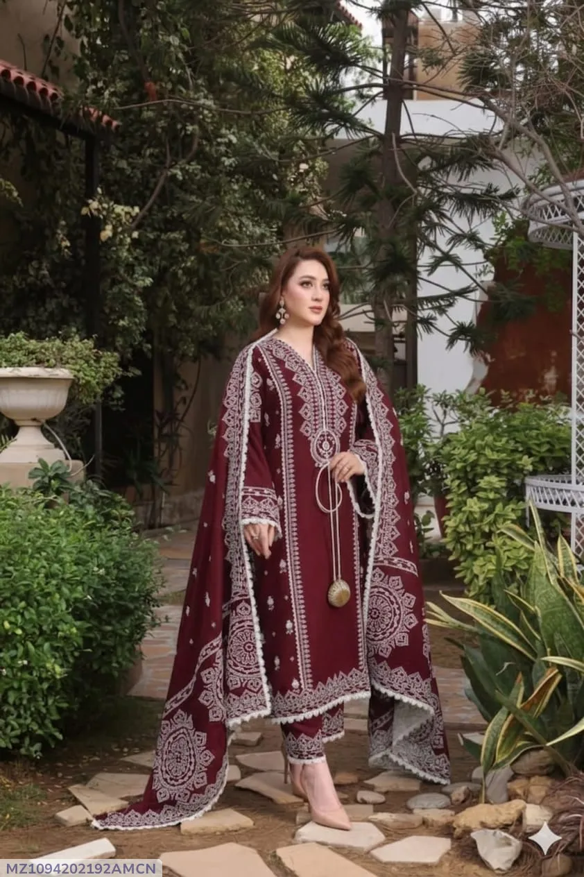 👗✨ Maroon Embroidered 3 Pcs Women's Lawn Suit Set | Elegant Design | Comfortable Fabric | 🚚 Free Delivery 3