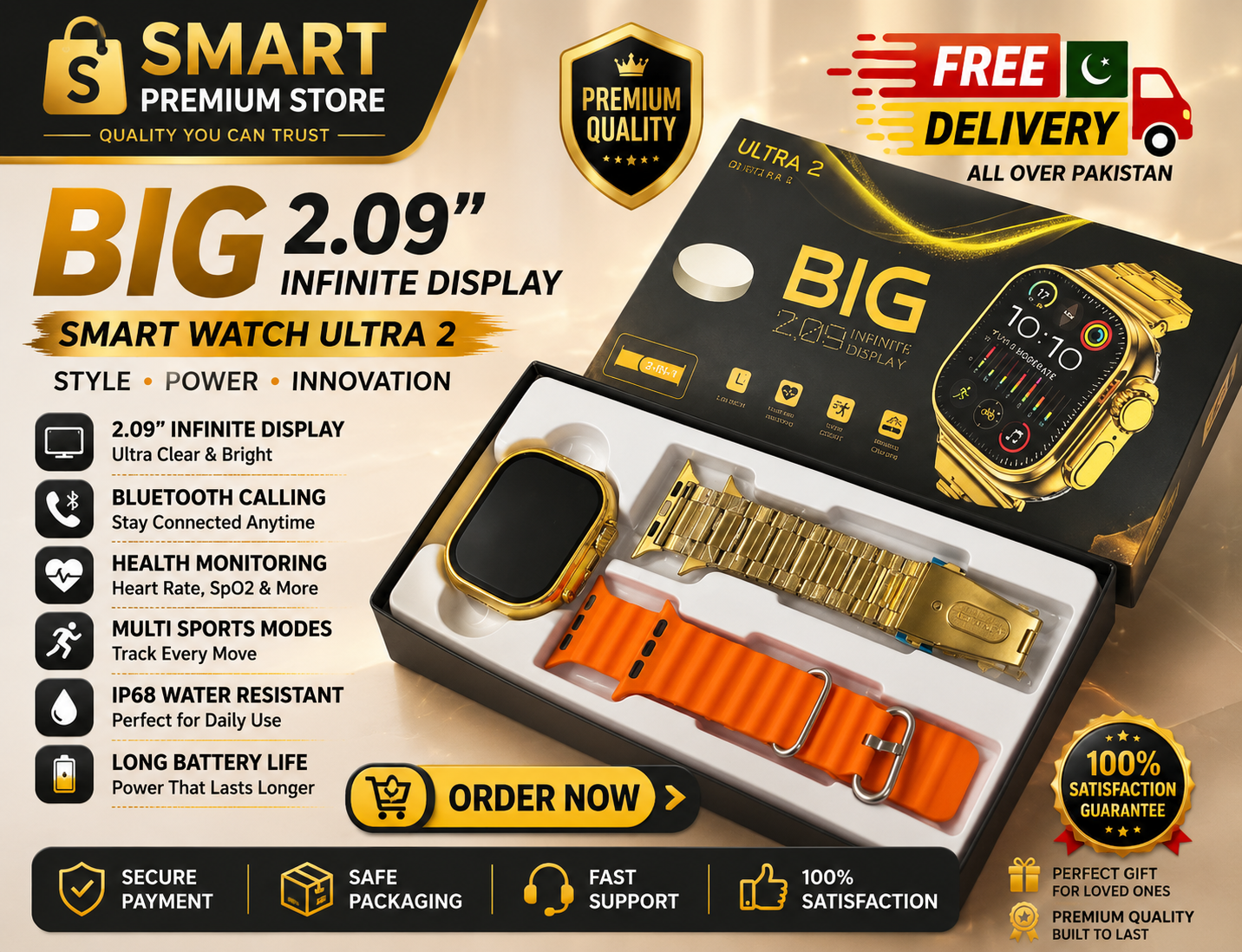 ⌚🔥 Smart Watch Ultra 2 Big Display | Premium Ultra Design | Bluetooth Calling | 🚚 Free Delivery