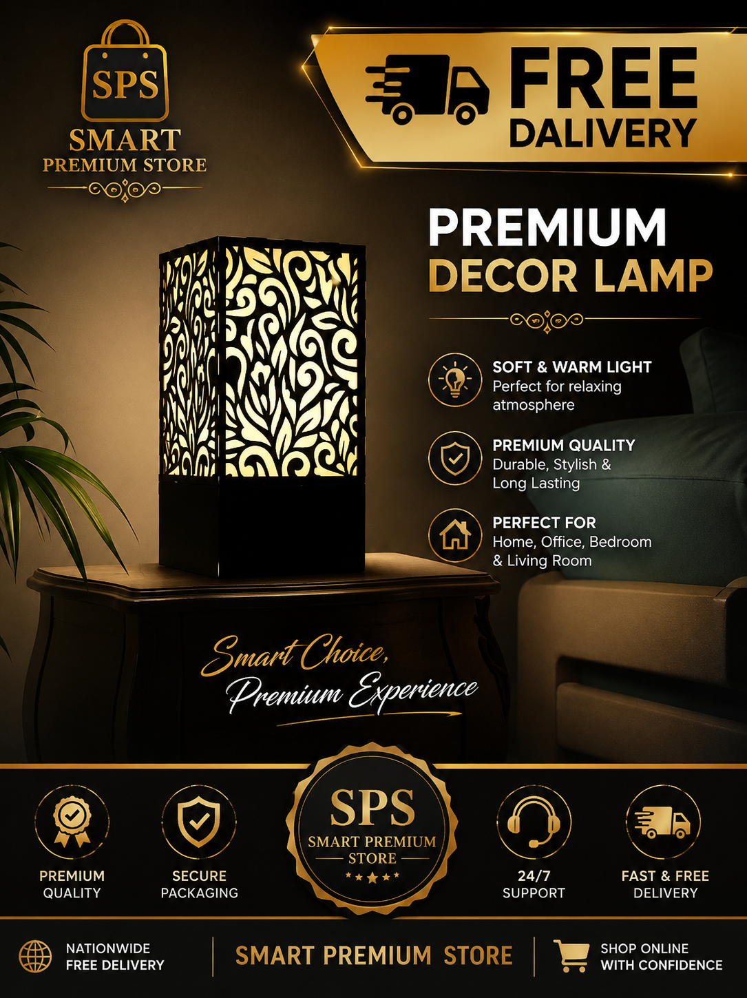 🏡 Premium Wooden Side Table Lamp with Elegant Laser Cut Floral Design | Modern Home Decor - Image 1