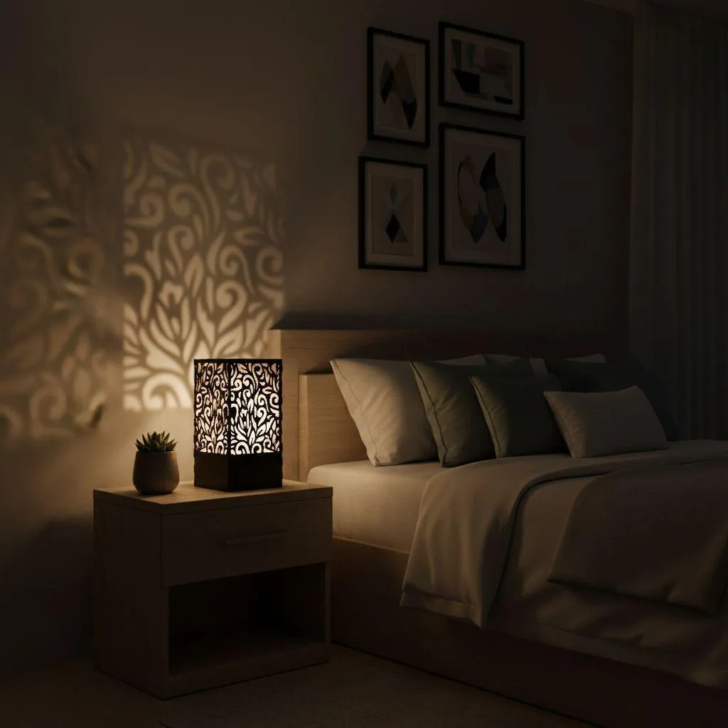 🏡 Premium Wooden Side Table Lamp with Elegant Laser Cut Floral Design | Modern Home Decor 3