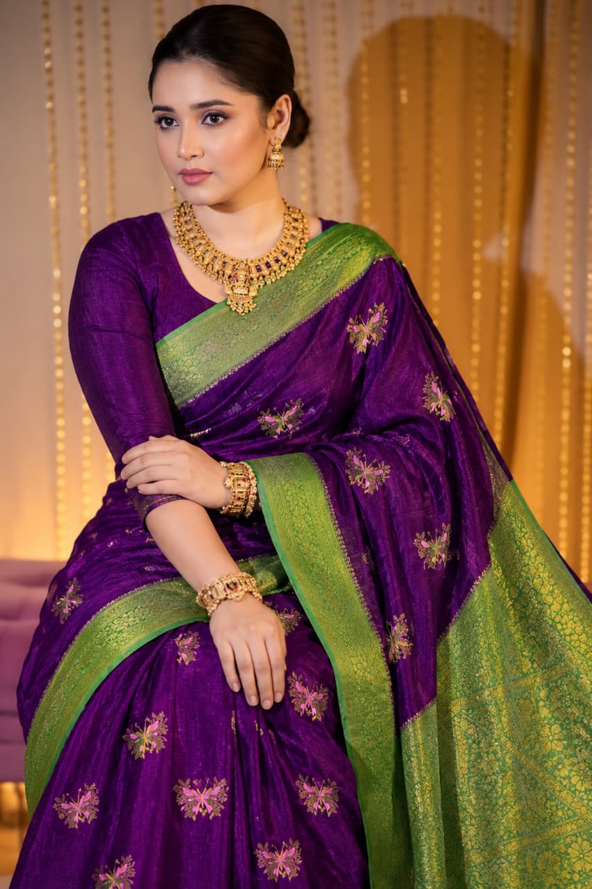 Royal Purple & Green Contrast Banarasi Raw Silk Saree with Woven Geometric Pallu