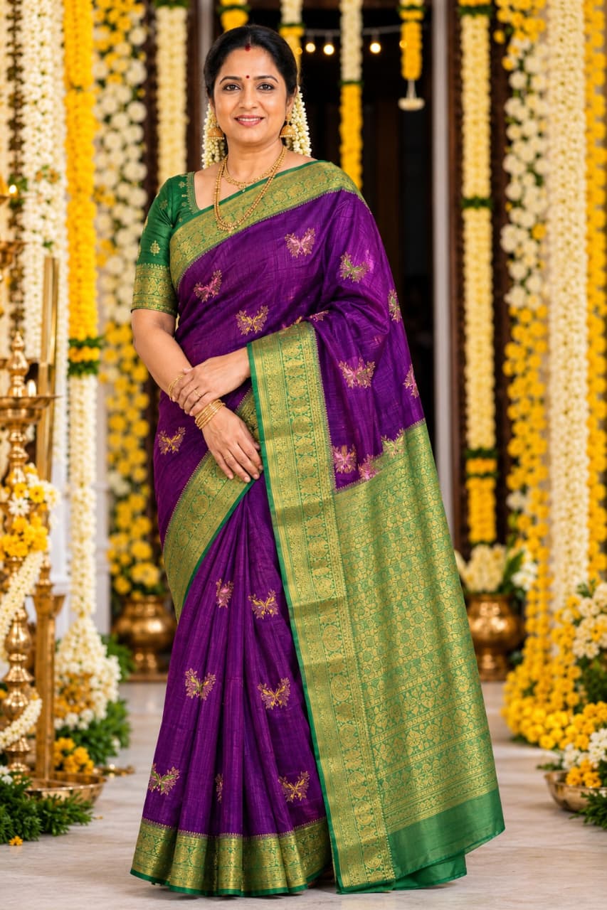 Royal Purple & Green Contrast Banarasi Raw Silk Saree with Woven Geometric Pallu 2