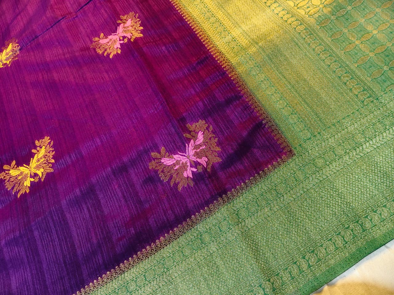 Royal Purple & Green Contrast Banarasi Raw Silk Saree with Woven Geometric Pallu 3