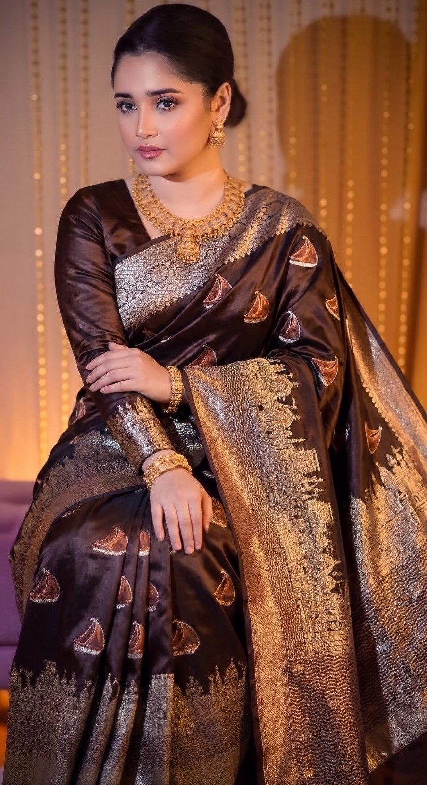 Coffee Brown Banarasi Soft Silk Saree with Kashi Ghat Zari Border & Hand-Painted Boat Motifs