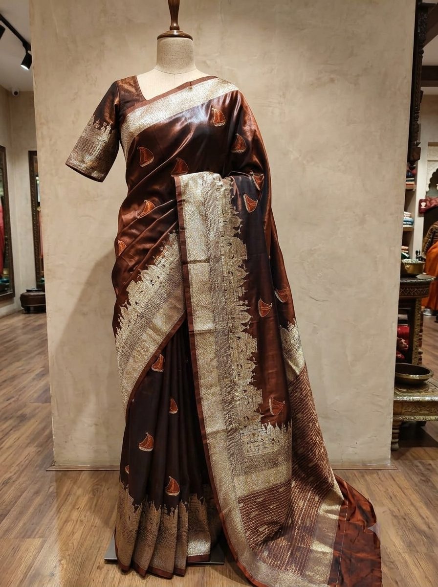 Coffee Brown Banarasi Soft Silk Saree with Kashi Ghat Zari Border & Hand-Painted Boat Motifs 2