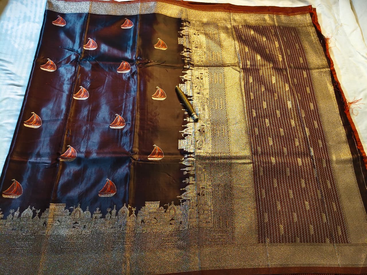 Coffee Brown Banarasi Soft Silk Saree with Kashi Ghat Zari Border & Hand-Painted Boat Motifs 4