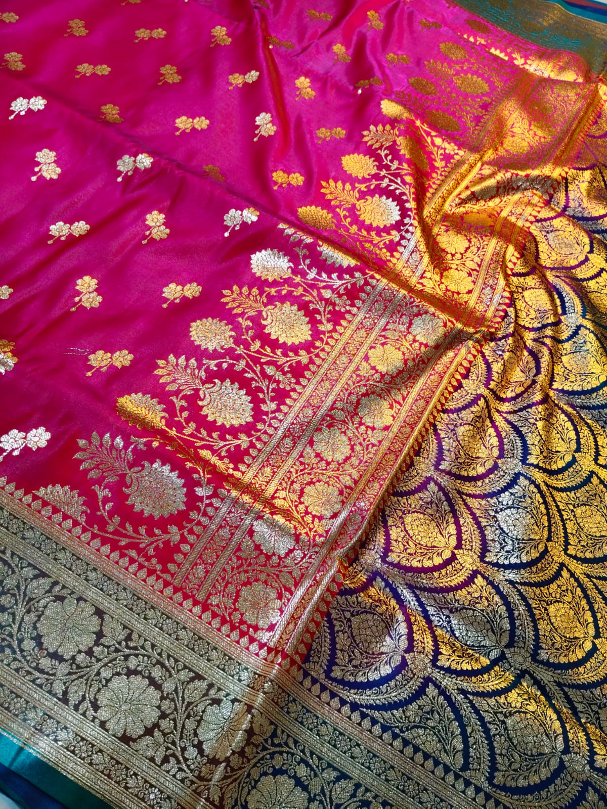 Rani Pink Banarasi Katan Silk Saree with Peacock Teal & Gold Zari Border 2
