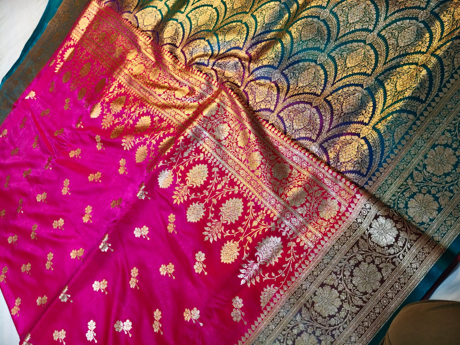 Rani Pink Banarasi Katan Silk Saree with Peacock Teal & Gold Zari Border 3