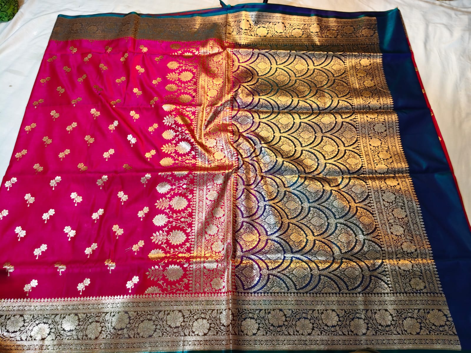 Rani Pink Banarasi Katan Silk Saree with Peacock Teal & Gold Zari Border 4