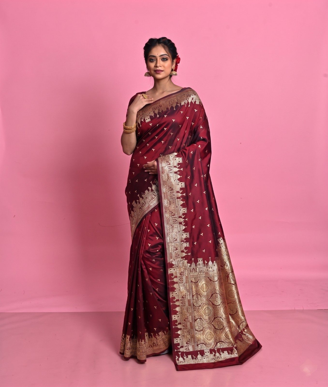 Banarasi Katan Silk Saree with Banaras Ghat & Temple Zari Border