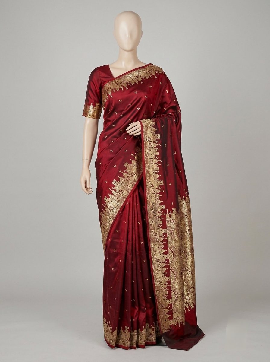 Banarasi Katan Silk Saree with Banaras Ghat & Temple Zari Border 4
