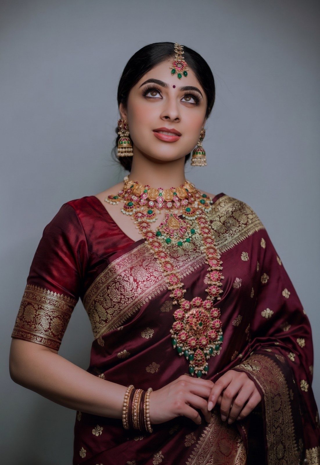 Maroon Banarasi Katan Silk Saree with Antique Gold Zari Paisley Pallu & Floral Buta