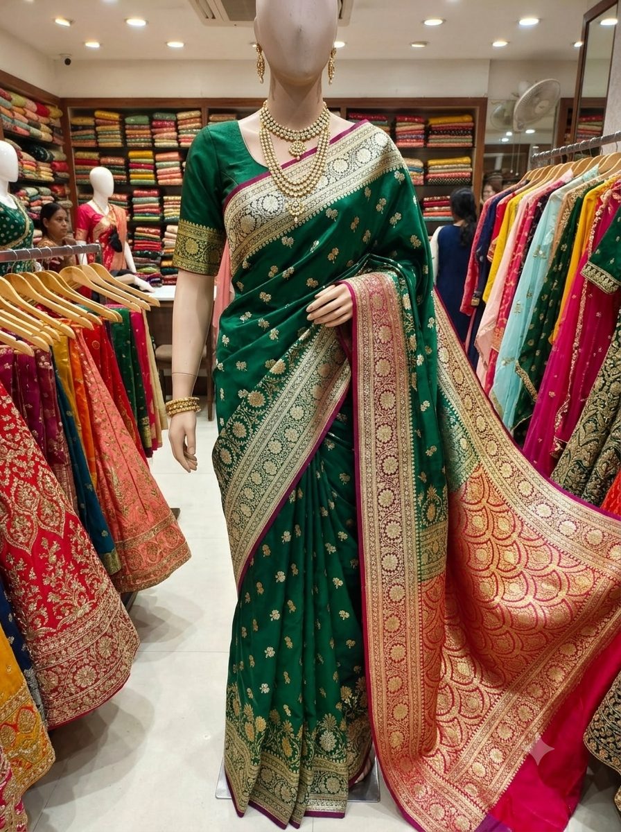 Bottle Green & Rani Pink Dual-Tone Zari Banarasi Silk Saree