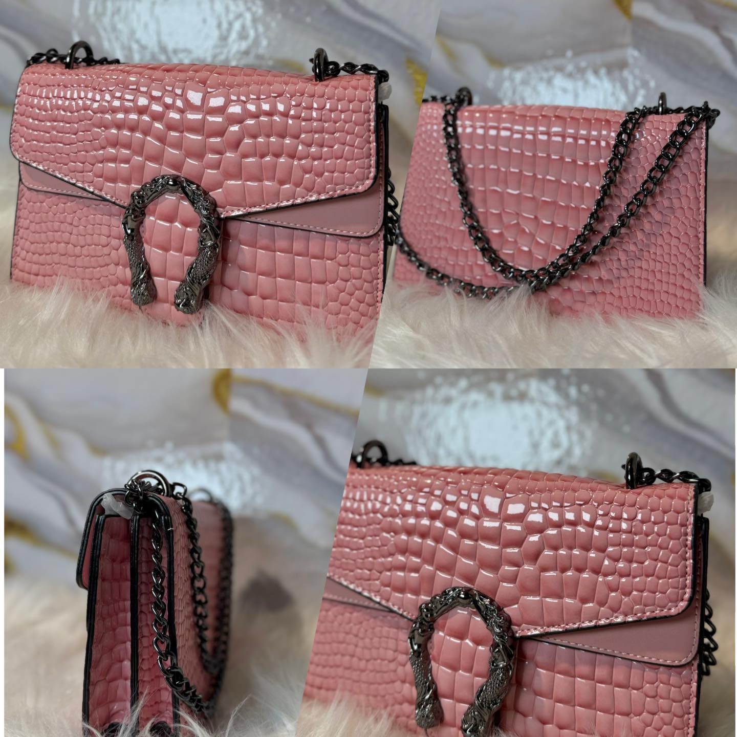 Sac à rabat effet croco rose, chaîne métal - Image 1