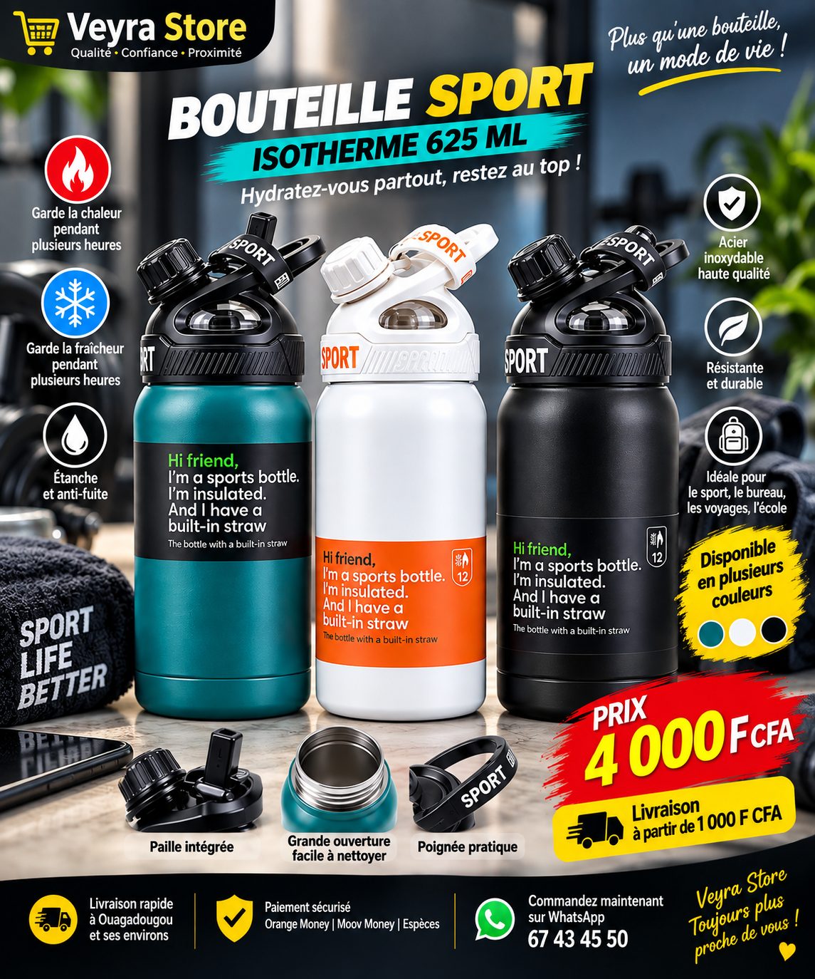 Bouteille Sport Isotherme 625 ml avec Paille Intégrée - Image 1