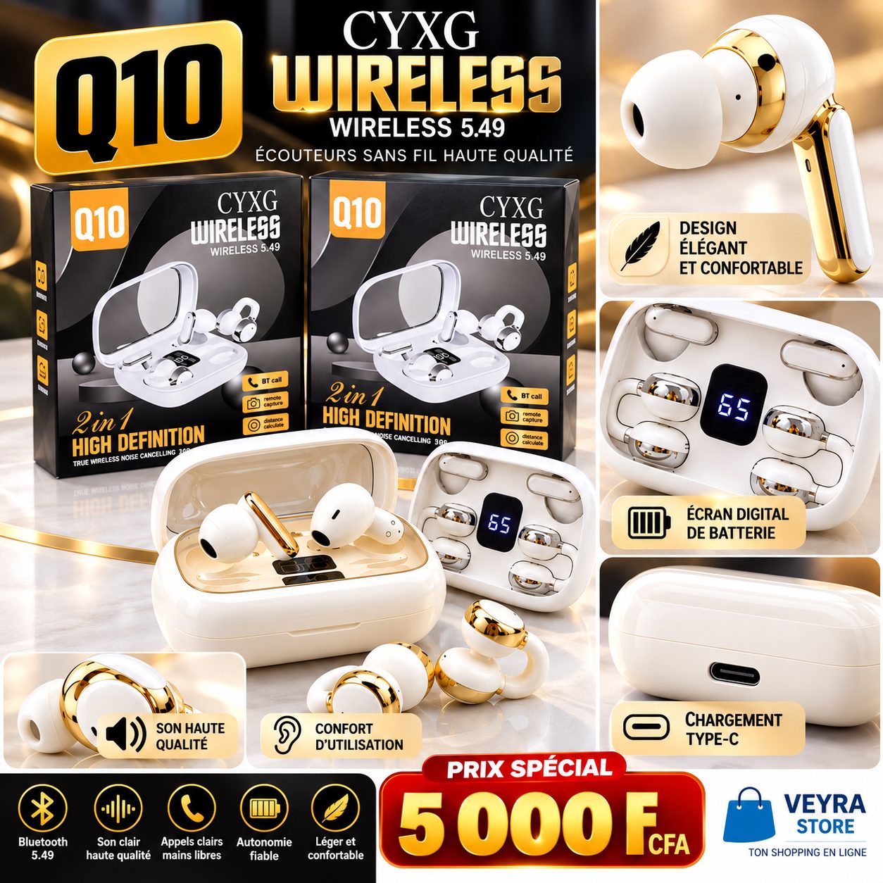 Écouteurs sans fil CYXG Q10 Wireless 5.49 – Blanc et doré - Image 1