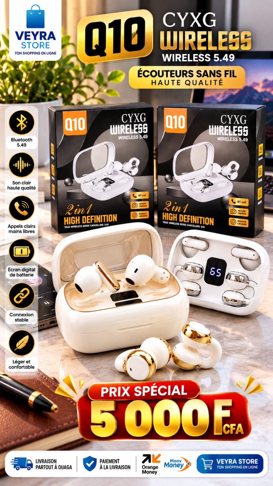 Écouteurs sans fil CYXG Q10 Wireless 5.49 – Blanc et doré 2