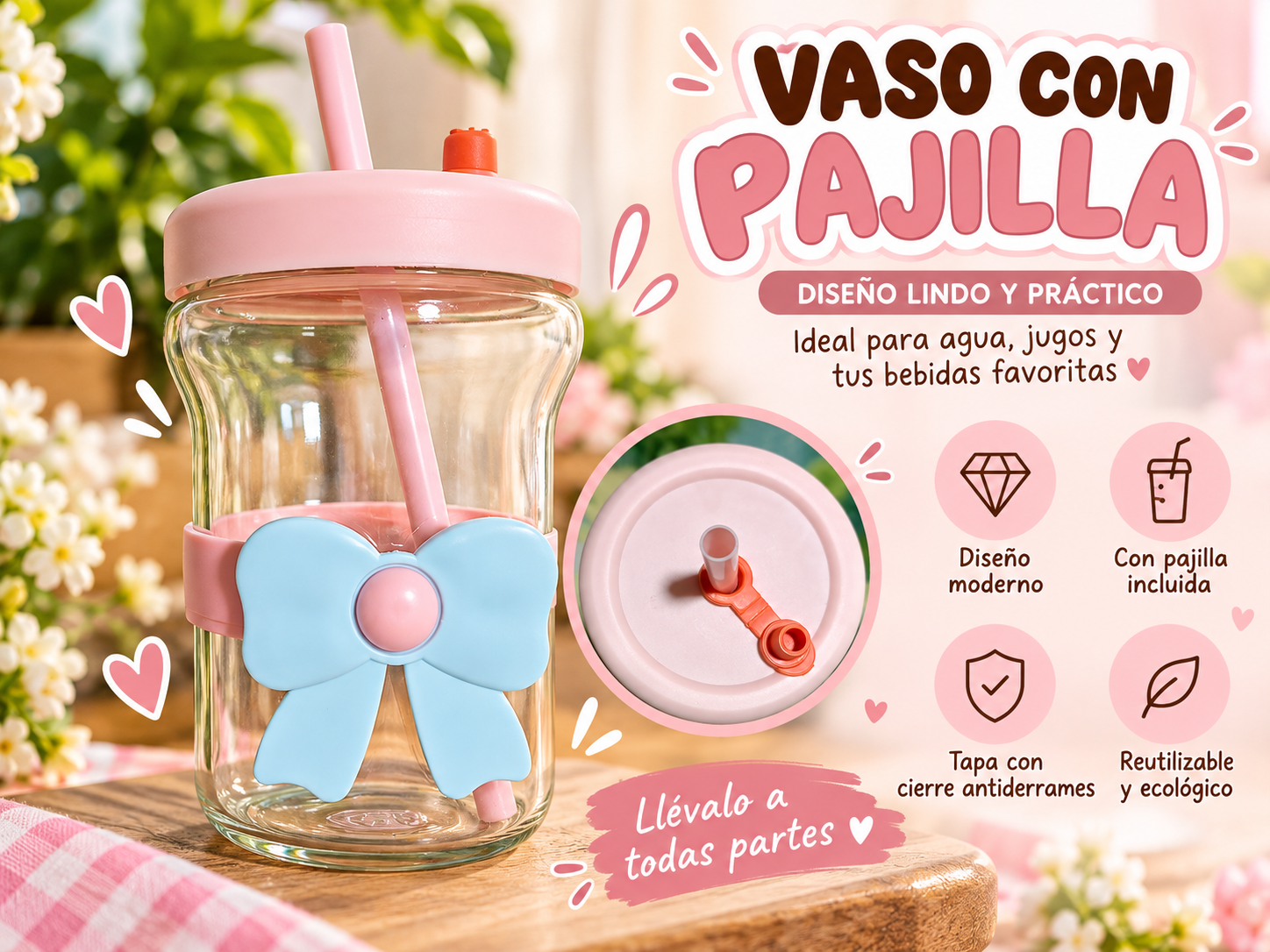 Vaso rosado con moña azul kawaii de vidrio