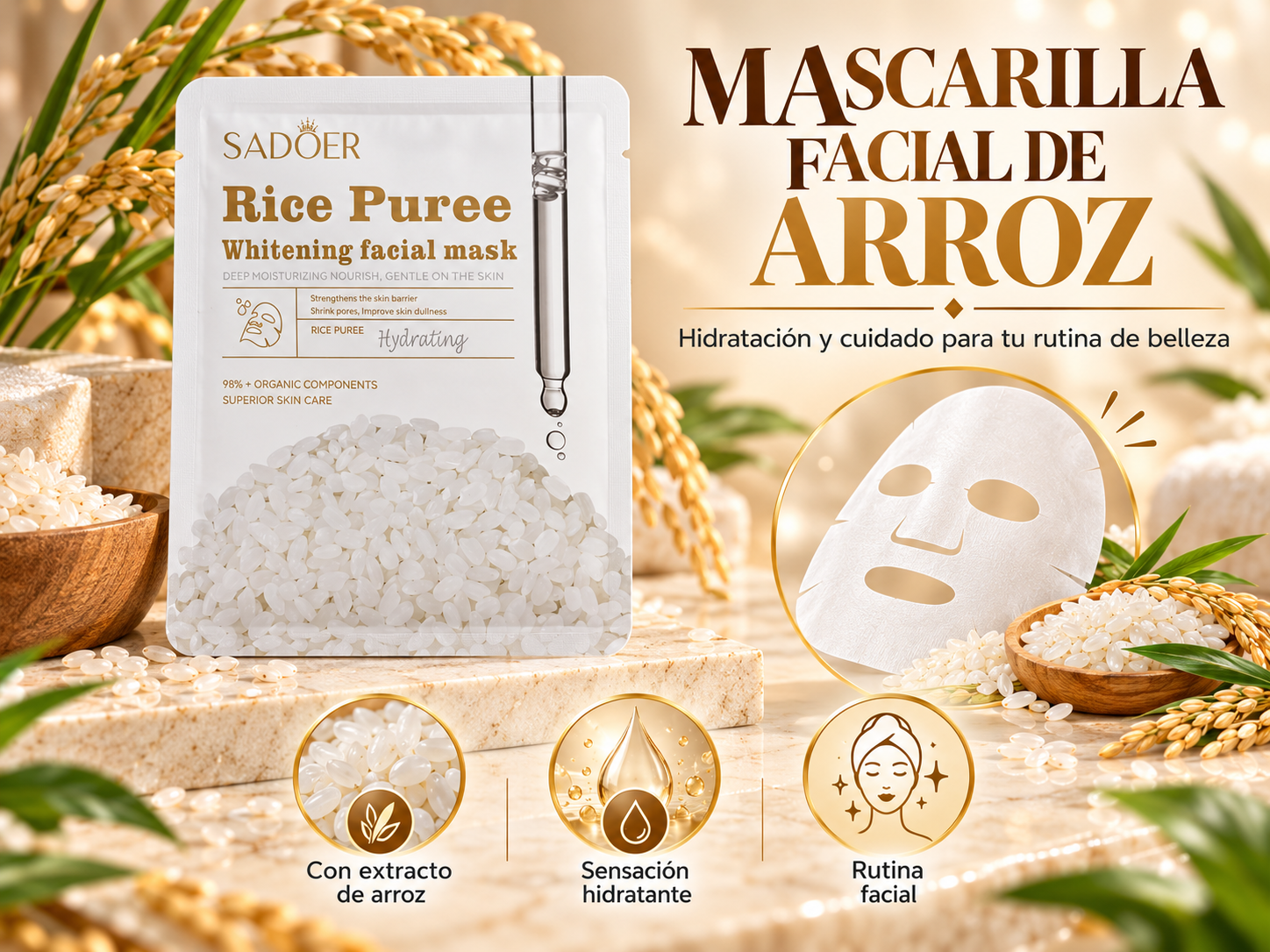 Mascarilla facial de arroz hidratante