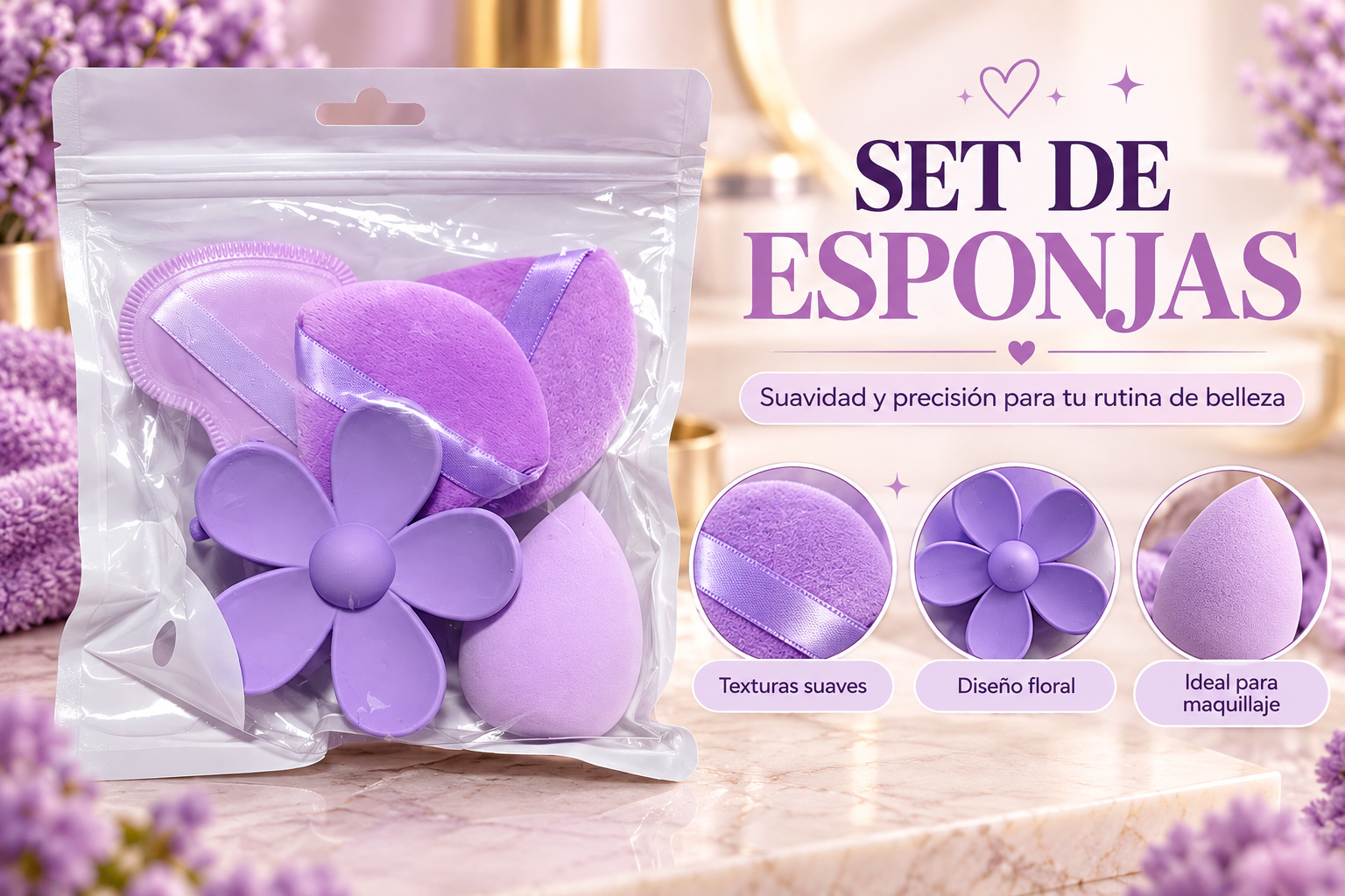 Set de esponjas en tonos lavanda