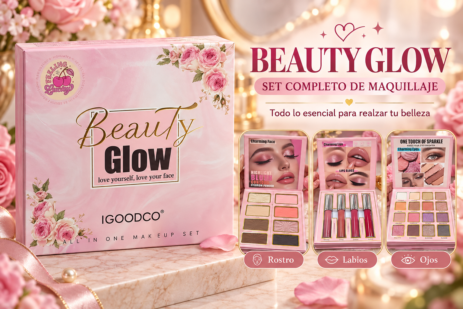 Set de maquillaje Beauty Glow en rosa pastel