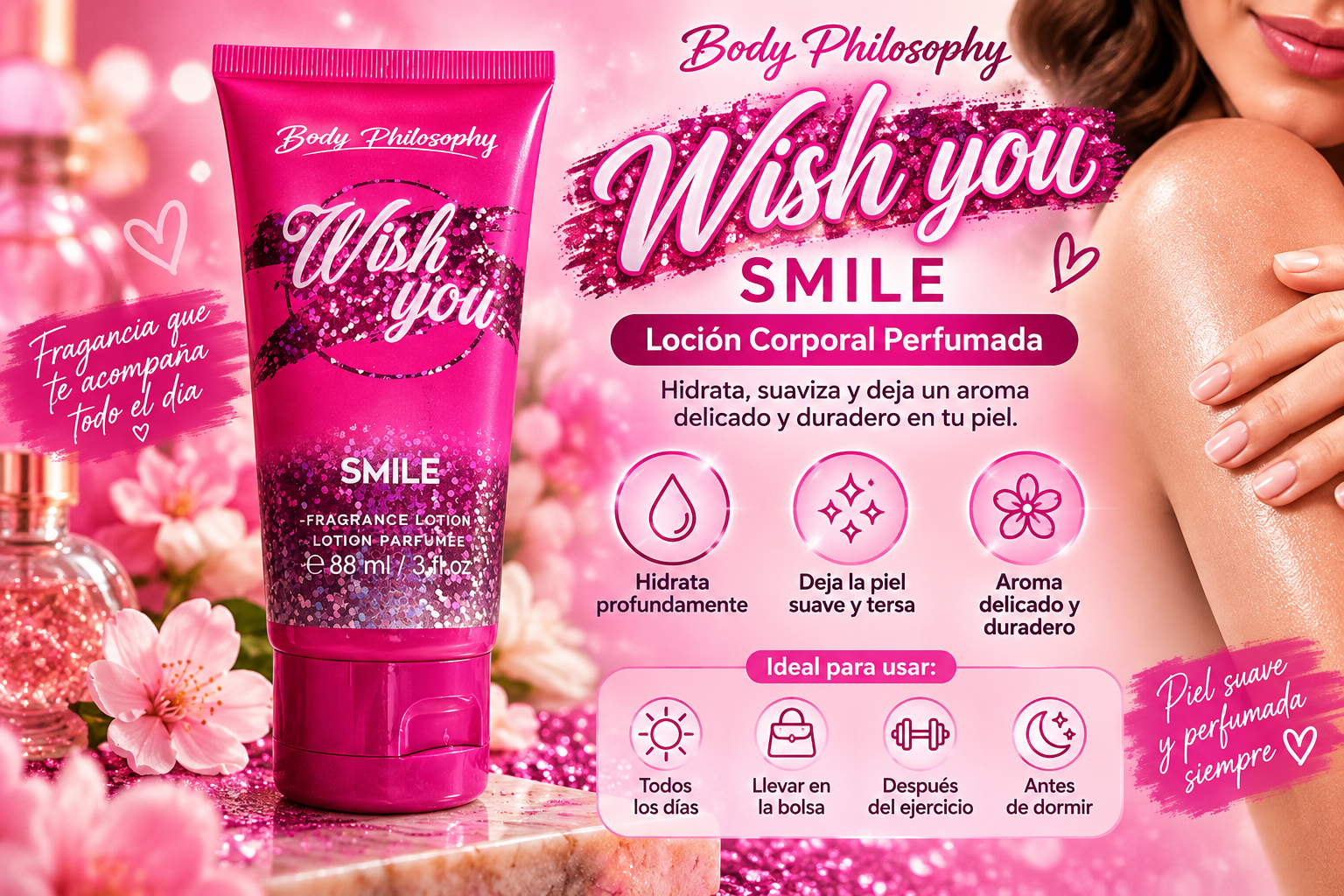 Anuncio brillante de loción perfumada rosa