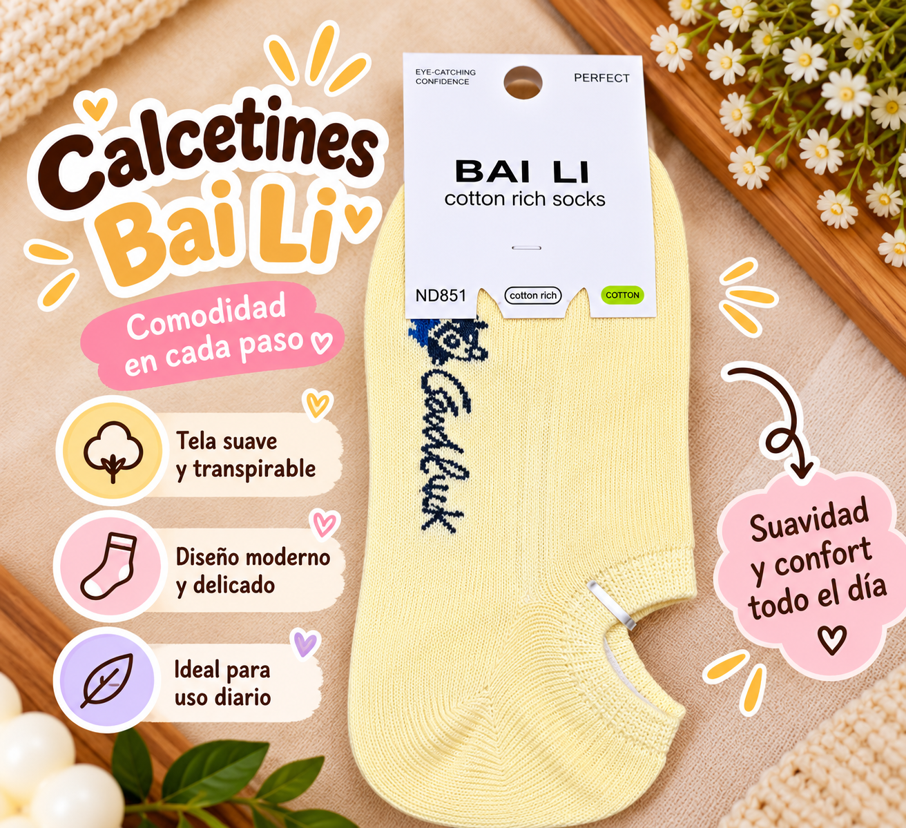 Calcetas suaves Bai Li color Amarillo