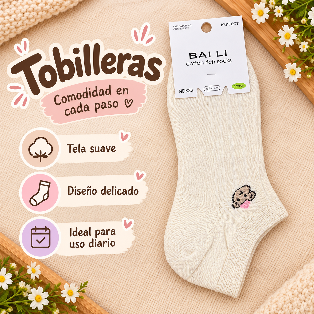 Tobilleras de algodón Bai Li color Beige Claro